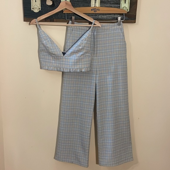Blue Blush Blue and Brown Plaid Wide Leg Crop Top Outfit Size Small - Picture 8 of 16